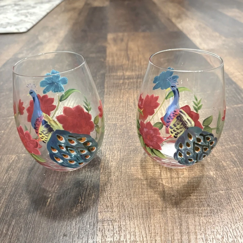 Set of two Pier 1 hand painted wine glasses